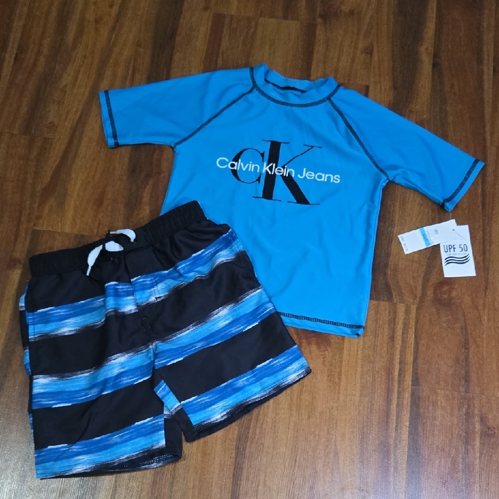 Calvin Klein Kids Blue Black Rashguard  Boy's 2-Piece Logo UPF 50 Swim Set NWT